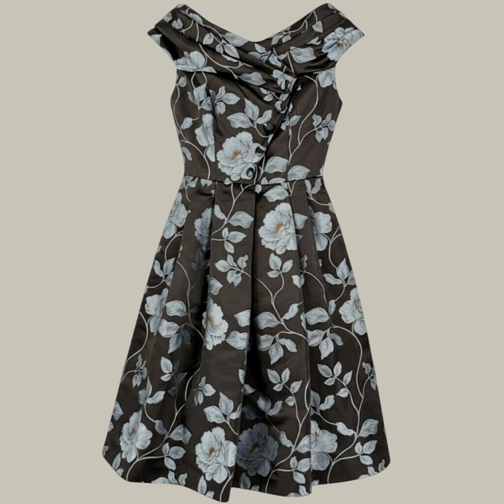 Gal Meets Glam Black Blue Floral Jacquard Portrait Neck Fit Flare Dress Size 2